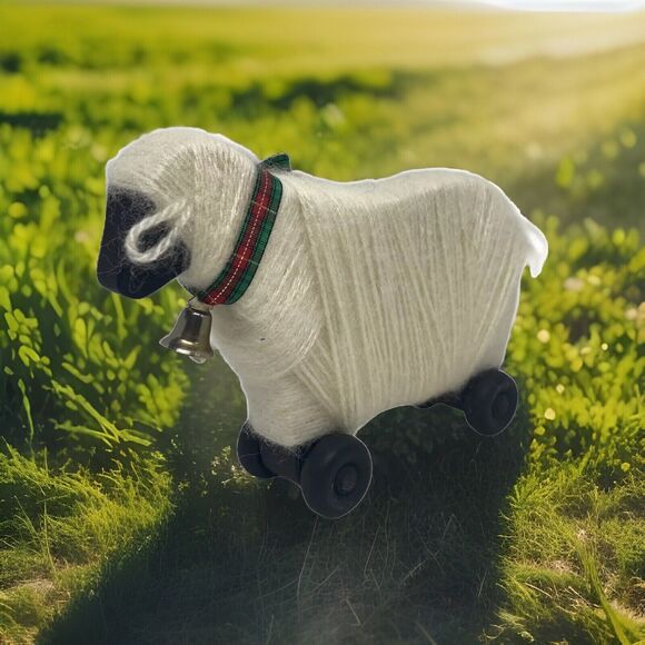 Primitive Wooly Lamb Sheep Holiday Figurine on Wheels Wood Body Bell Bow Vintage - Picture 4 of 15